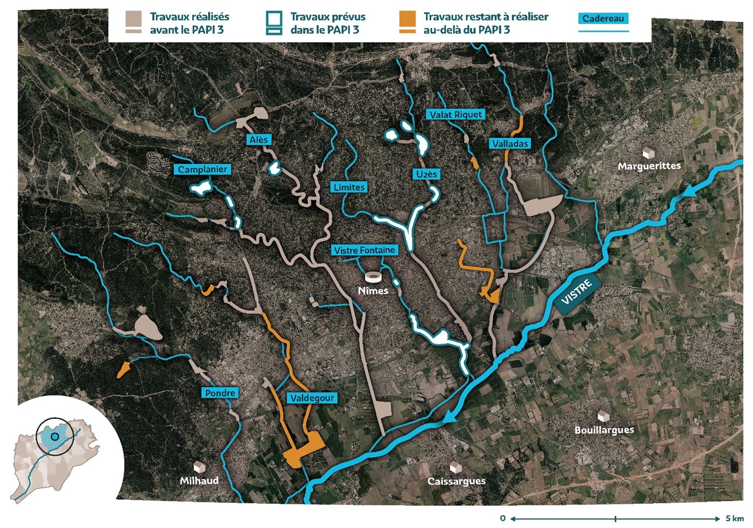 Cartographie des aménagements réalisés et prévus sur la ville de Nîmes